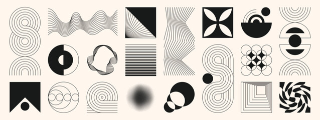 Obraz na płótnie Canvas Abstract minimal element mid century vector set. Aesthetic contemporary stripe line art, geometric shape in monochrome. Art form design for wall art, decoration, wallpaper.