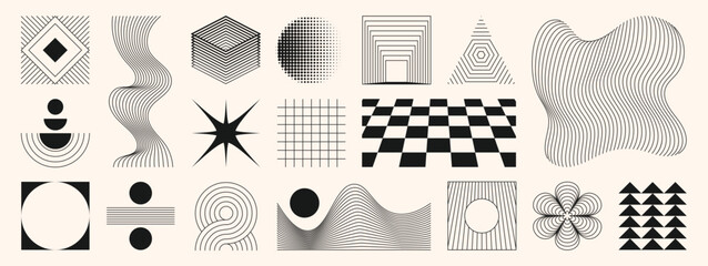 Fototapeta na wymiar Abstract minimal element mid century vector set. Aesthetic contemporary stripe line art, geometric shape in monochrome. Art form design for wall art, decoration, wallpaper.