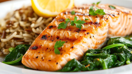 Grilled fish fillet with roasted vegetables and lemon wedges, drizzled with herb-infused olive oil, elegantly served on a clean white plate for a fresh and healthy meal.