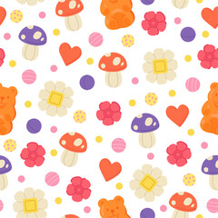 Brightly colored lollipops seamless patterns. Candy or gummy bears. Sweet hearts. Sugar confectionery. Repeated print. Delicious bonbon. Flowers or mushroom shape jelly. Vector background