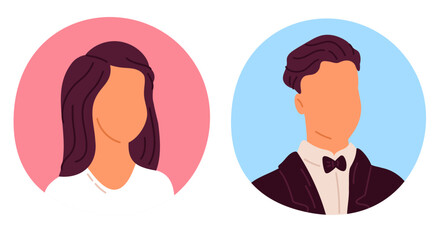 Abstract female and male face icons. Avatars or anonymous profiles. Social media anonymous sign. Round minimal portrait. Young man and woman. Nameless smile heads. Vector user symbols set