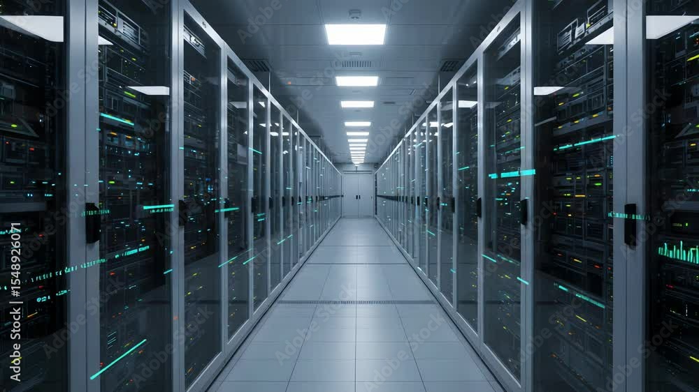 Poster data center corridor with symmetrical server rows and cool blue lighting in a modern high tech envir