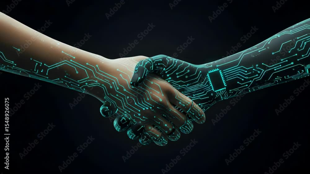 Aufkleber digital handshake with turquoise circuit patterns symbolizing partnership and future technology on d