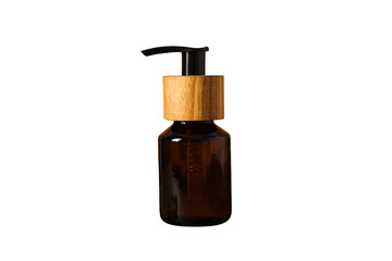 Brown bottle with wooden pump, isolated on white, PNG