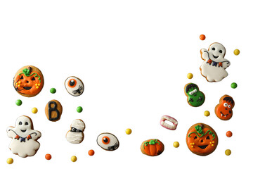 Festive colorful Halloween treats, isolated on white, PNG