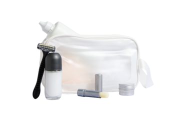 Toiletries bag with grooming items, isolated on white, PNG