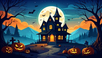 Spooky Halloween Night: Haunted Mansion Under a Full Moon