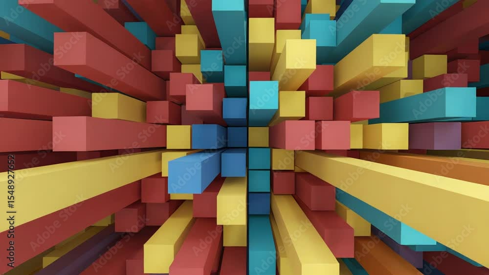 Poster vibrant 3d abstract of red blue and yellow geometric cubes and rectangular prism forms