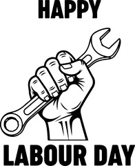 A strong hand holds a wrench, celebrating Labour Day.