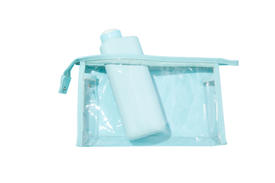 Clear pouch with blue bottle storage, isolated on white, PNG