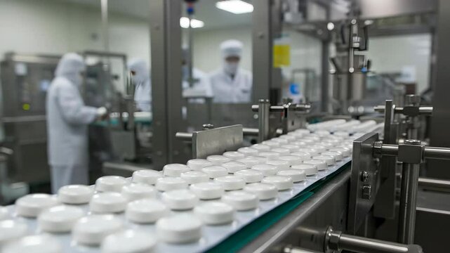 White Pills in Blister Packs on Conveyor Belt in Pharmaceutical Factory with Technicians in Background Cleanroom Setting