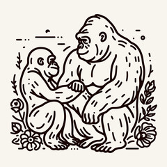 Gorilla couple Cheek to Cheek. Valentine Love Romance Cupid February Clipart Line Art Vector Illustration. Ape pair face face close primate bond wildlife concept animal theme.