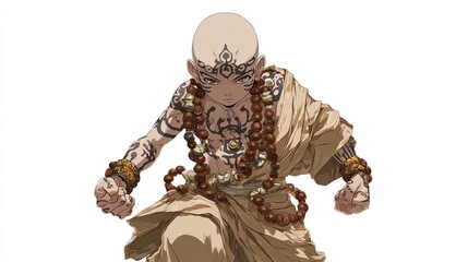 A bald, tan-skinned boy, adorned with intricate tribal tattoos and a mala, adopts a fierce, low fighting stance in tan robes; his expression is serious