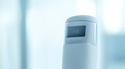 Close-up of a modern electronic device with a digital display in a bright, softly lit environment