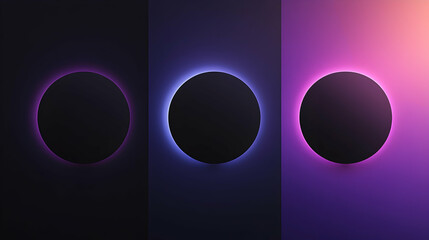 Three abstract dark circles with glowing aura in purple, blue, and violet tones backdrop