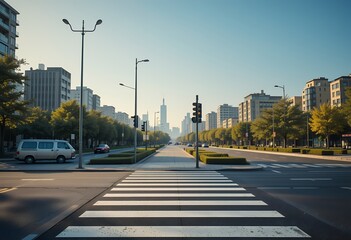 Fototapeta premium Urban cityscape view with modern buildings and empty crosswalk on a clear day