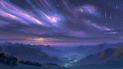 Naklejka premium Shooting Stars Over Mountain Landscape