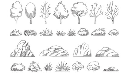 Trees, Bushes, Rocks Hand Drawn Vector Set