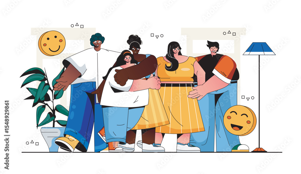 Poster happy people together concept for modern web design. multinational friends standing and hugging, mul