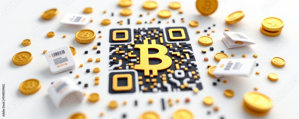 Poster cryptocurrency concept with golden coin and qr code symbolizing digital currency and blockchain tech