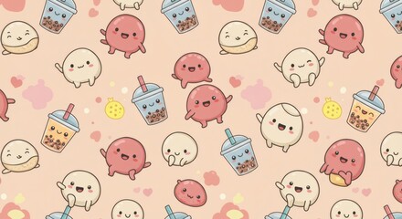 Adorable Kawaii Boba Tea Mochi and Fruit Seamless Pattern Design