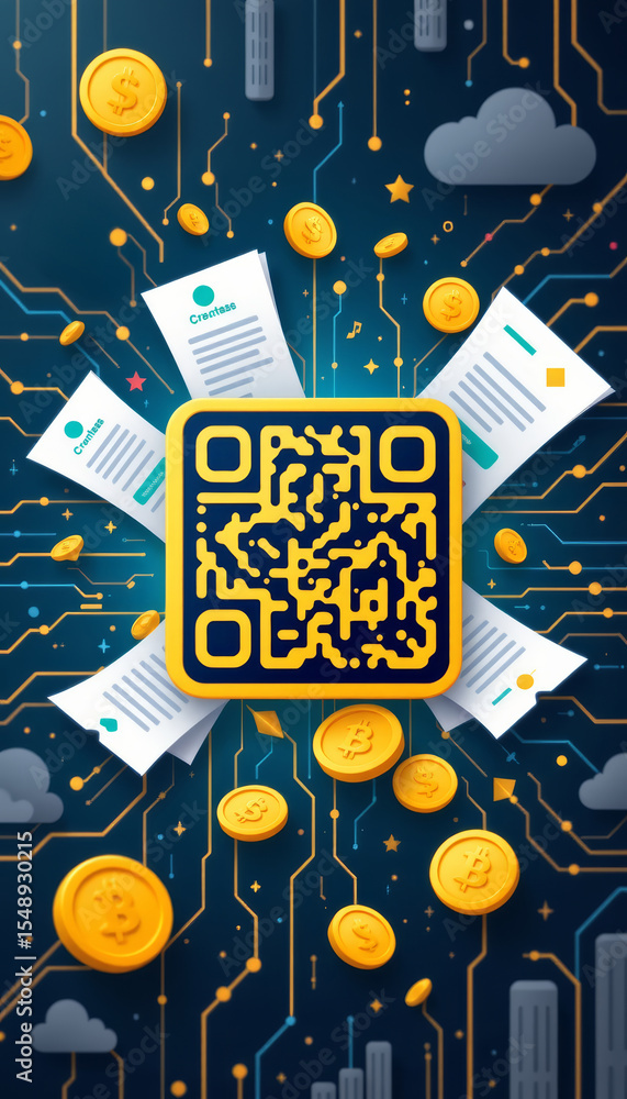 Poster qr code surrounded by digital currency coins and documents with cloud icons, symbolizing secure onli