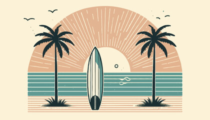 Tropical beach vector illustration with surfer, palm trees, and ocean sunset landscape