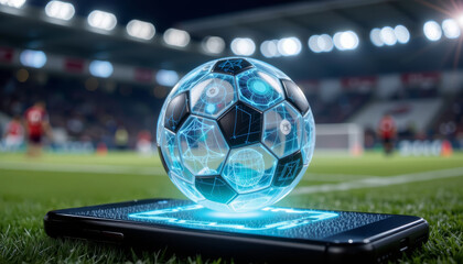 Holographic soccer ball projected from smartphone on grass with stadium lights and players in background