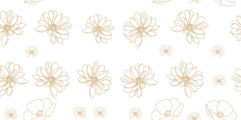 Elegant golden floral seamless line art pattern with daisies and orchids, perfect for luxury wallpaper, fabric design, wedding invitations, botanical packaging, and decorative backgrounds.