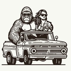 Gorilla couple drive retro truck. Valentine Love Romance Cupid February Clipart Line Art Vector Illustration. Ape duo motor vintage pickup primate affection in auto journey.