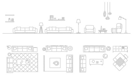Top and Front View Living Room Furniture Set Line Art