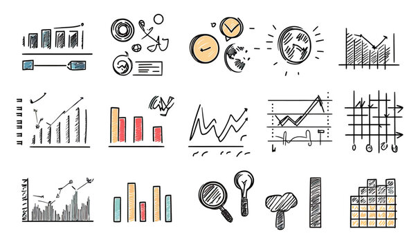 Hand drawn business charts and graphs set with analytical icons, data trends, magnifying glass, clock, arrow diagrams, and financial growth symbols in sketch style vector illustration
