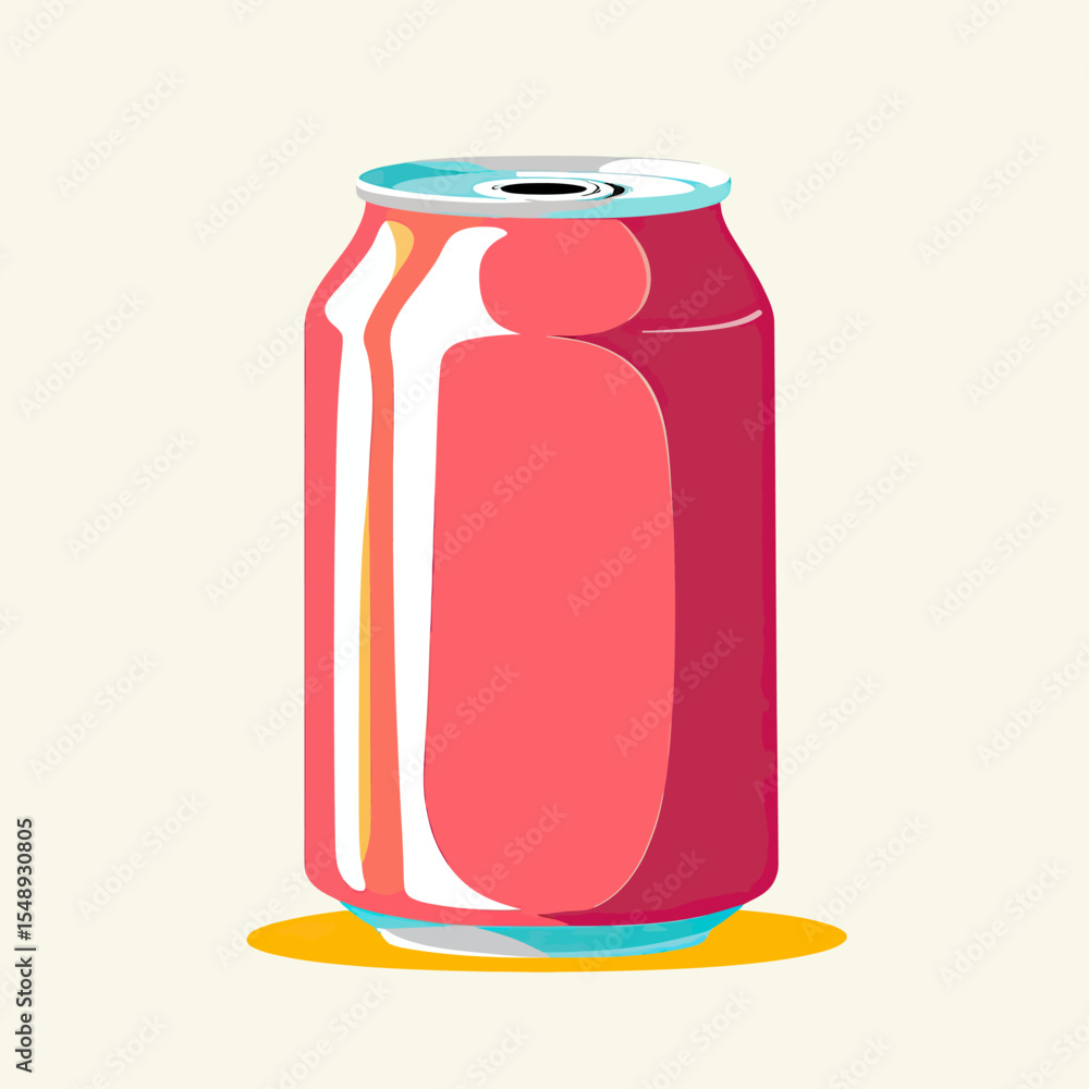 Poster minimalist flat vector illustration of shiny red soda can with reflections and vibrant colors on lig