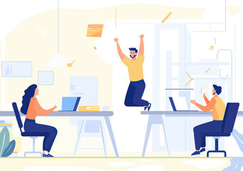 Fototapeta premium Celebrating business success office workers collaboration teamwork achievement with joyful jumping colleagues in modern workspace flat vector illustration