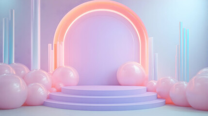 Pastel podium with neon arch and spheres for product display, advertising and presentation