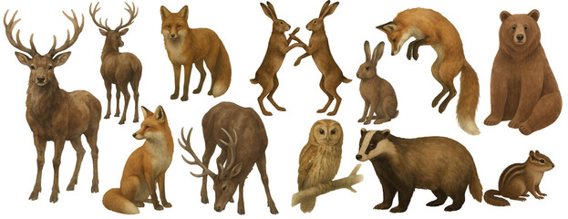 Watercolor clipart forest animals PNG. Watercolour deer, fox, bear, hare, badger, chipmunk for design.