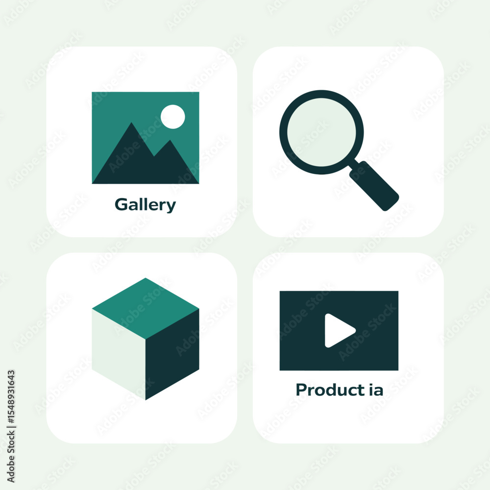 Poster teal and white square icons representing gallery search 3 d cube and product media player symbols on