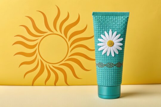 Teal suncreen tube with daisy decor summer product