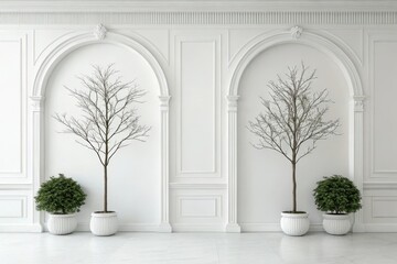 Fototapeta premium Elegant white room with archways and potted plants
