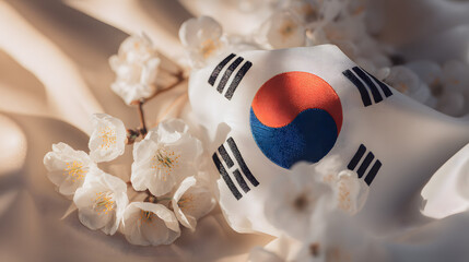 Taegeuk symbol on silk with mugunghwa flowers, celebrating Korean Liberation Day in traditional elegance
