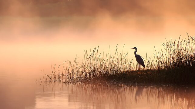 Silhouette of a heron at dawn on a misty lake.