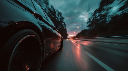 Obraz premium Car Speeding at Night on Wet Road