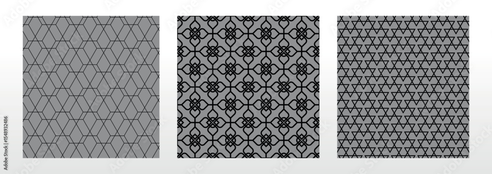 Poster Geometric set of seamless black and gray patterns. Simple vector graphics