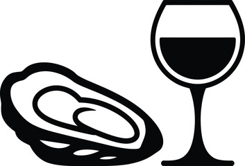 A simple black and white illustration of an oyster next to a wine glass filled with dark liquid