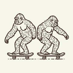 Fototapeta premium Gorilla couple play skateboard. Valentine Love Romance Cupid February Clipart Line Art Vector Illustration. Primate pair enjoy board sport big ape fondness for wheeled plank fun.