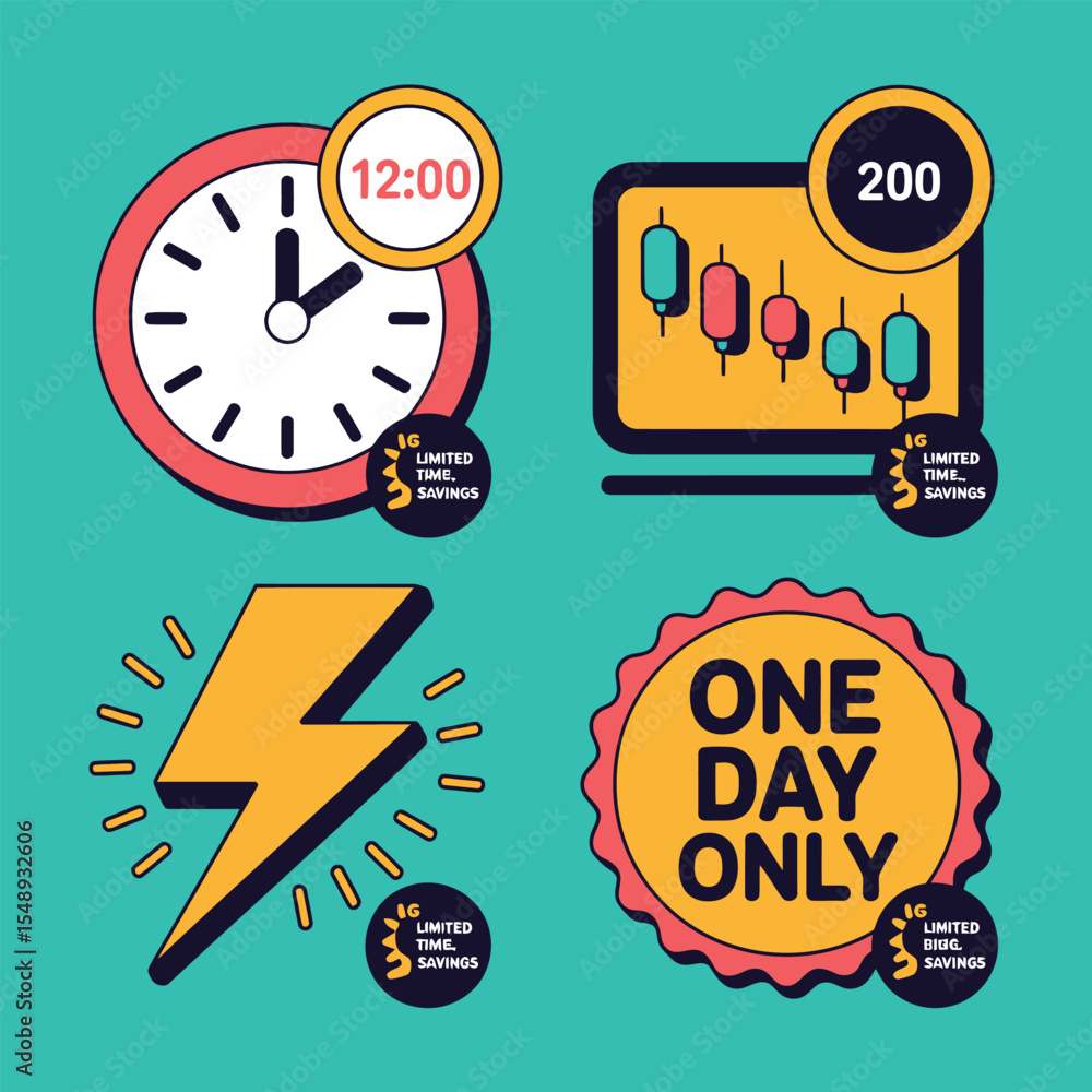 Poster teal background featuring four colorful icons clock showing 1200 candlestick chart with 200 number y