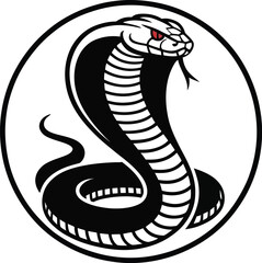 Fototapeta premium A stylized cobra with red eyes and extended tongue inside a black circle on a white background