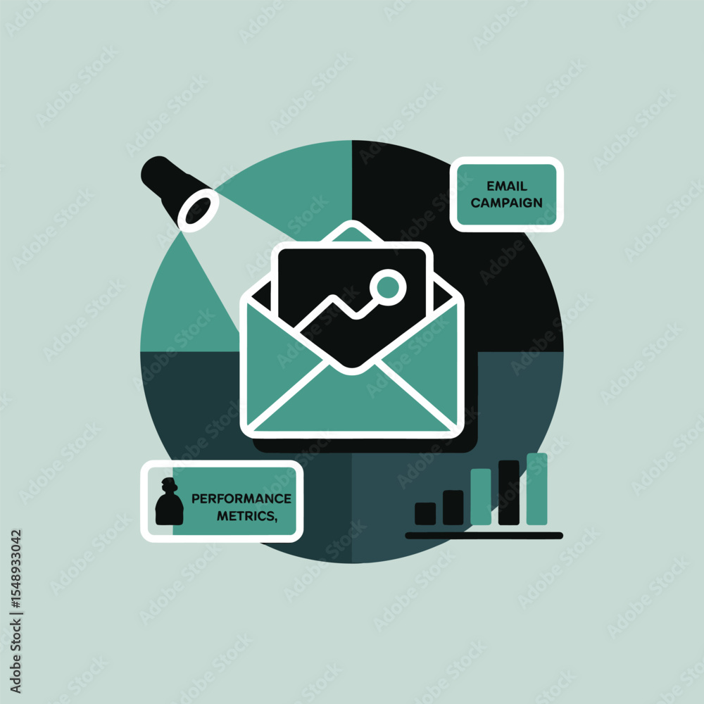 Poster teal email envelope with graph inside illuminated by spotlight on segmented circle background showin