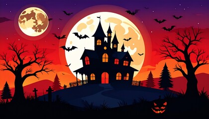 Haunted Halloween Mansion Underneath Spooky Full Moon