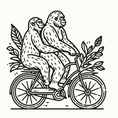 Gorilla couple ride bikecycle. Valentine Love Romance Cupid February Clipart Line Art Vector Illustration. Primate pair cycling ape duo enjoys pedaling a two-wheel vehicle.